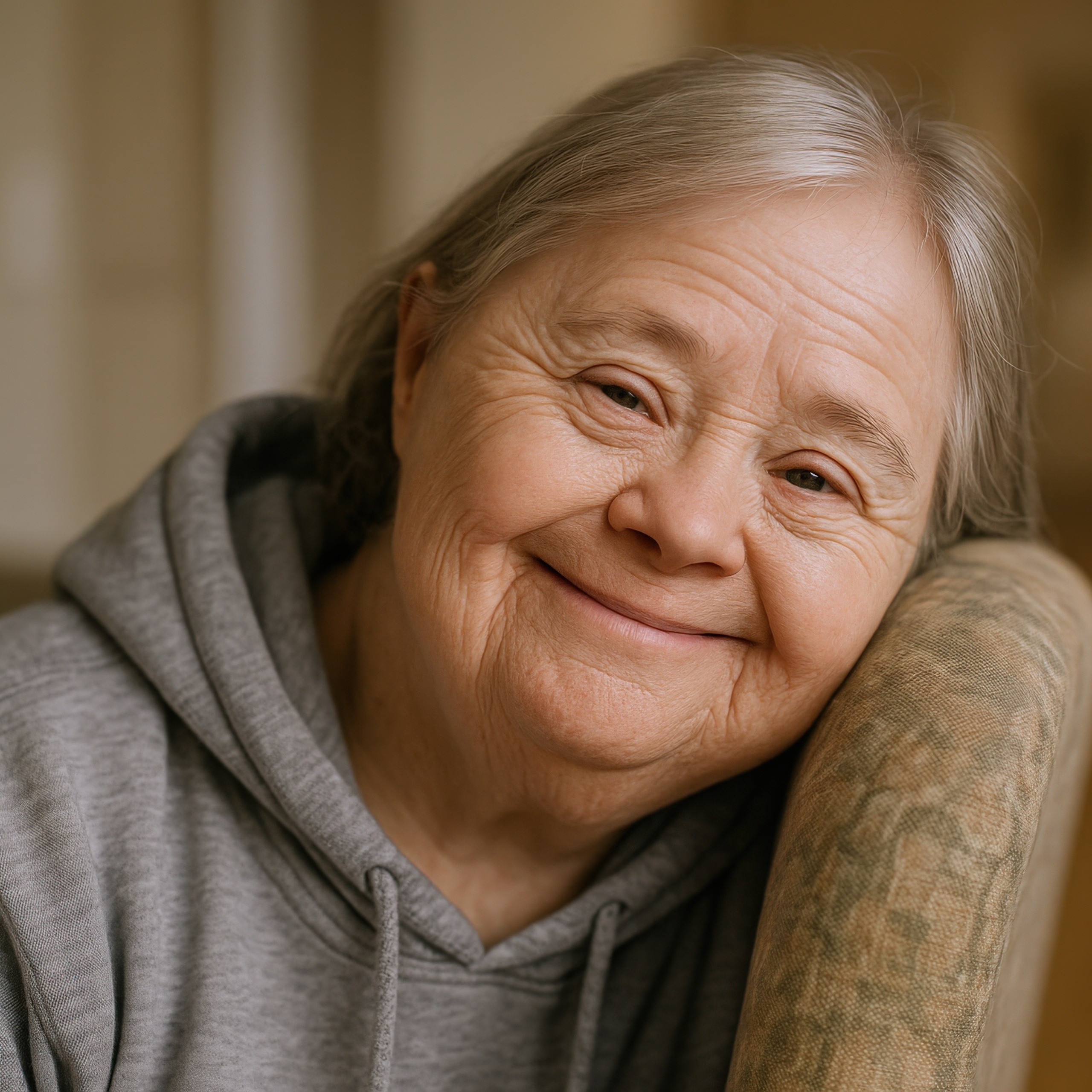 Lebenshilfe Tirol. Alte Frau mit Down-Syndrom